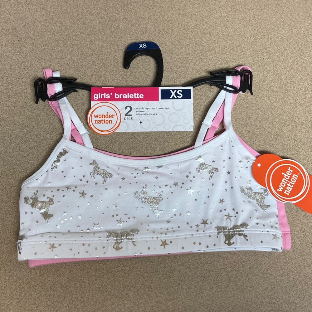 Wonder Nation Girls' Bralette 2-Pack - White,Pink, Silver Stars and unicorns